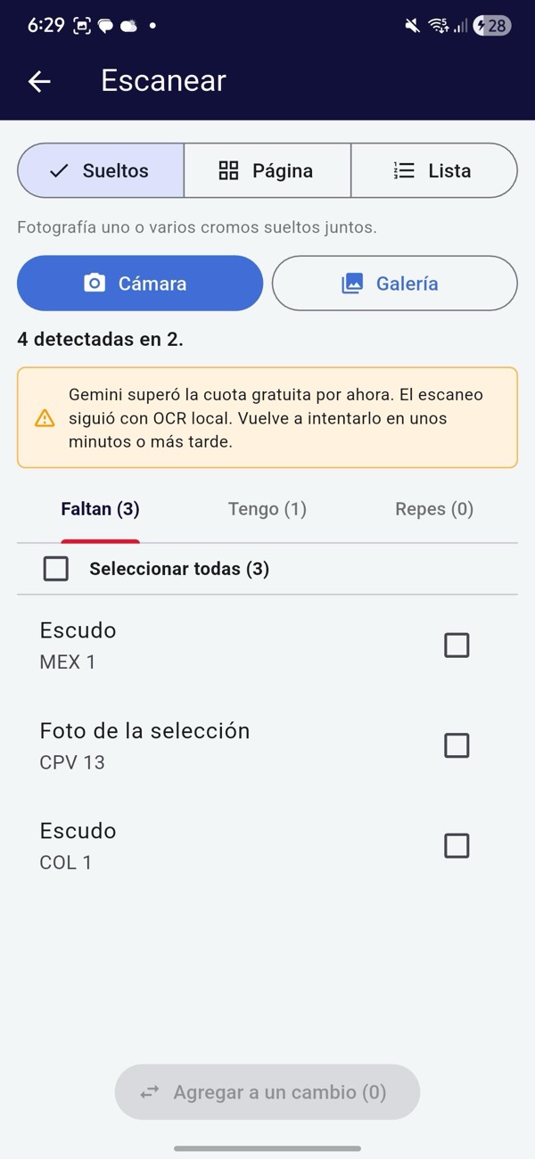 Escaneo con IA en acción: modo Lista con resultados clasificados y cartas marcadas EN CAMBIO
