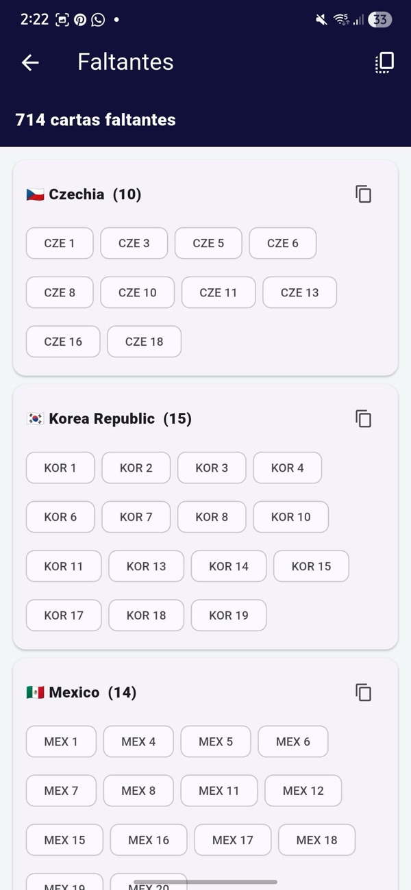 Lista de cartas faltantes