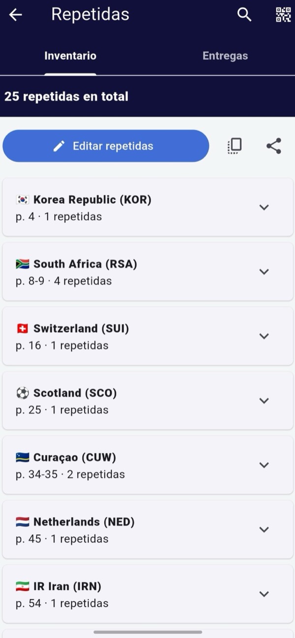 Inventario de cartas repetidas